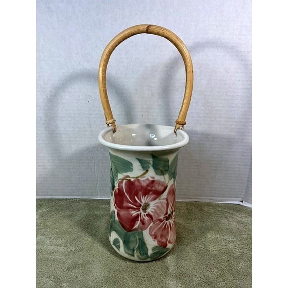 Chatham Pottery Beach Rose Wine Caddy w/ Bamboo Handle EXC Condition